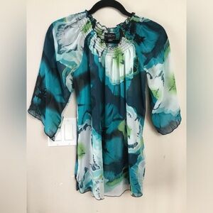INC International Concepts Women's Teal and White Floral Blouse